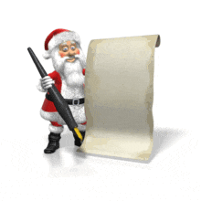 Santa Claus is getting ready to make his list in this animated clipart. Santa stands beside a huge blank piece of paper with a large pen in his hand. 