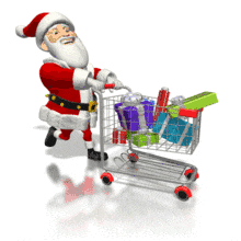 Santa pushes a cart full of colorful presents.