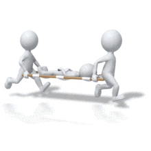 An animated graphic of two doctors carrying an injured patient on a stretcher.  They are running in a hurry.  A heath care or emergency medicine concept animation.