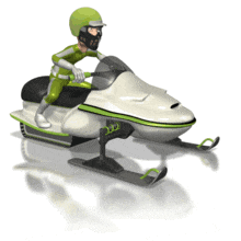 In this 3D animated clipart a person cruses on a white snowmobile.