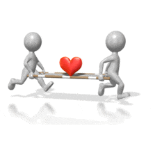 An animation of two doctors running with a stretcher.  On the stretcher is a red heart.  A good animated concept of emergency medicine or health care.