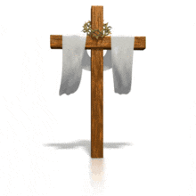 In this animated clipart a wooden cross with a crown of thorns hanging on it is draped with a white linen that is blowing in the wind. This animation could be added to a presentation about Easter, church, Christian, Good Friday, Pentecost, God, Christ, Fa