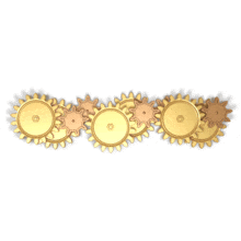 An animated strip of golden gears working together.  This would be a perfect animation to illustrate something mechanical or the idea of several elements working together.