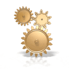 A group of three animated gold gears rotate and work together.  A good concept of elements working together.