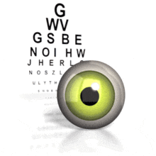 In this 3d animated clipart an eyeball sits in front of an eye letter test chart.  This animation could be used in a presentation including medical, optometrist, eye, vision, education and health.