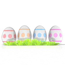 In the 3d animated clipart four colorful eggs jump up and down in a bed of grass.  