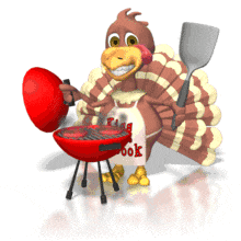 In this Thanksgiving animated clipart, a turkey has something cooking on the grill.