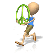 In this animated clipart, a stick person runs carrying a peace sign.