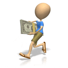 In this animated clipart, a stick person is running with a pile of cash.