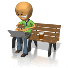 In this animated clipart, a smiling guy sits on a park bench typing away on his laptop computer.
