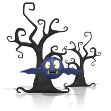 A cartoonish bat hovers by a couple of gnarled trees in this Halloween animated clipart.