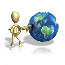 In this animated clipart, a stick figure inserts a golden key into the Earth.