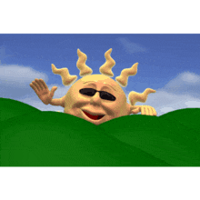 A waving morning sun rises over the hills in this animated clipart.