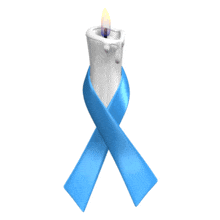 A blue awareness ribbon is wrapped around a flickering white candle in this animated clipart.