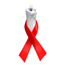 A red awareness ribbon is wrapped around a flickering white candle in this animated clipart.