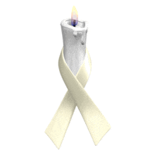A pearl colored awareness ribbon is wrapped around a flickering white candle in this animated clipart.