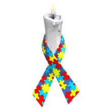 A multi-colored autism awareness ribbon is wrapped around a flickering white candle in this animated clipart.