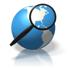 An animated graphic of the earth and a magnifying glass.  The magnifying glass searches the earth for clues.
