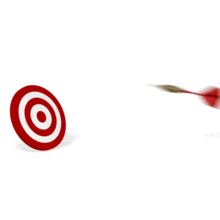 An animated dart board where three red darts fly into the center target for a hat trick.  Could be used for a on target business concept.