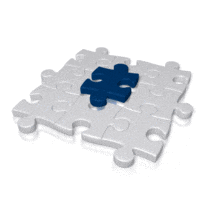 An animated puzzle piece flies out of the puzzle, spins around and fits back into the puzzle.  A concept of finding a solution or a key ingredient, or the major element to solve a problem.