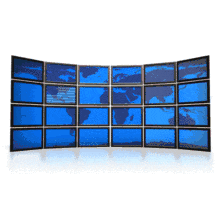 This animated clipart shows multiple screens with the world map displayed on them.  Country flags pop up over the geographical location of the countries.