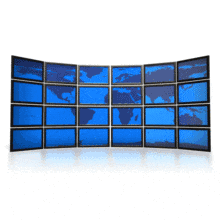 This animated clipart shows the world map scrolling across multiple display screens.