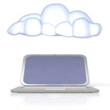 An animation of an arrow flowing from a netbook or laptop computer up to the cloud or Internet.  A concept of Cloud computing, or Web 2.0.