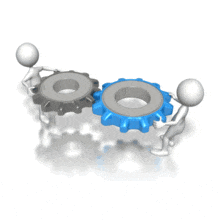This animated clip art shows two stick figures rotating two gears with there hands.