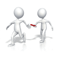 This animated clip art shows two stick figures running ready to pass on a baton. 