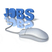 This animated clip art shows a mouse with the left button lighting up and sending a signal through a cord to the letter O of the jobs text.