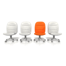 This animated clip art shows a row four office chairs; three white and one orange animated spinning chair.