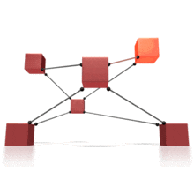 This animated clip art shows six boxes connected by bars which form a structure where the boxes light up in a pattern.  This animation could be used in presentations about networking, networks, working together, and communication. 