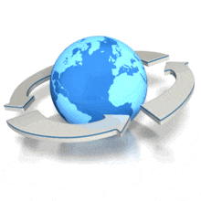 This animated clip art image shows a blue earth with four arrows circling it.