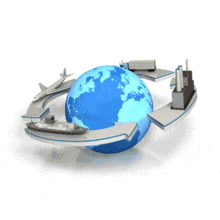 This animated clip art image shows four arrows circling around the earth with a logistic element on each one.  