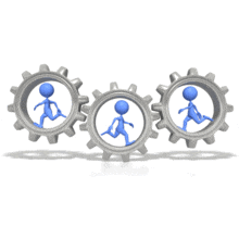 This animated clip art shows three blue stick figures running in gears.  This animation displays the concept of working together using teamwork.