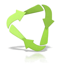 This animated clip art shows a green recycle symbol rotating.