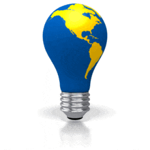 An animated blue light bulb with the earth rotating on the surface.
