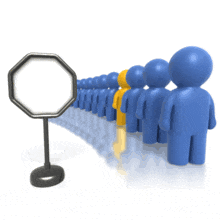 This animated clip art shows a line of blue character with a yellow orange character peering out of the line.  This 3D animation could be used in presentations about standing out from the crowd.
