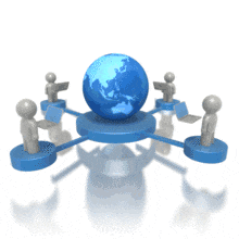 This concept animated clip art shows four stick figures with laptops standing on platforms connected to the world.  This 3D animation could be used in presentations about social media, internet, internet marketing, world business and technology.