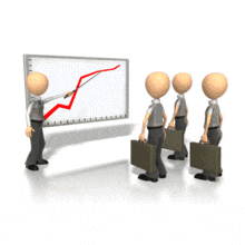 This clip art image shows one stick figure explaining a graph chart to three other business stick figures.