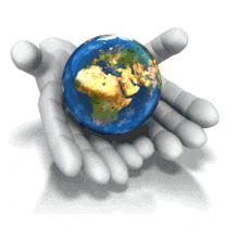 This animated clip art shows two hands cradling the planet earth as it spins. 