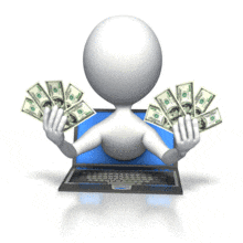 A stick figure holds two handfuls of cash while leaning out of a laptop screen in this animated clip art.