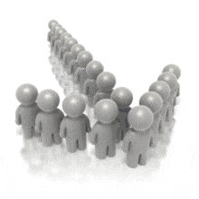 This animated clip art image shows many gray stick figures standing in a formation of an arrow with the front nine lighting up in a blue color.