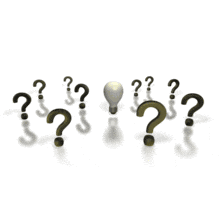 A group of questions marks appear around a light bulb in this conceptual animated clip art.  