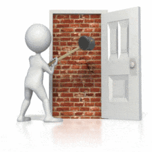 In this clip art image a stick figure uses a sledgehammer to try and break through a brick wall closing off an open door.