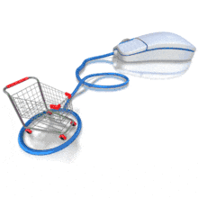 In this animated clip art a shopping cart sits inside a computer mouse cord as gifts fill the cart with every click of the mouse.