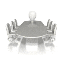 A conference table surrounded by six chairs has a light bulb in the center lighting up.  This animation displays a concept of business teamwork, innovative brainstorming, and conceptualization.