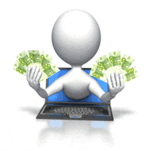 A stick figure holds two handfuls of euro cash while leaning out of a laptop screen in this animated clip art.