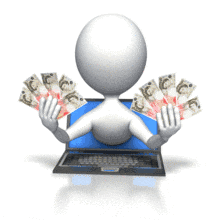 A stick figure holds two handfuls of cash while leaning out of a laptop screen in this animated clip art.
