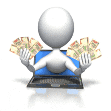 A stick figure holds two handfuls of Rupee money while leaning out of a laptop screen in this animated clip art.